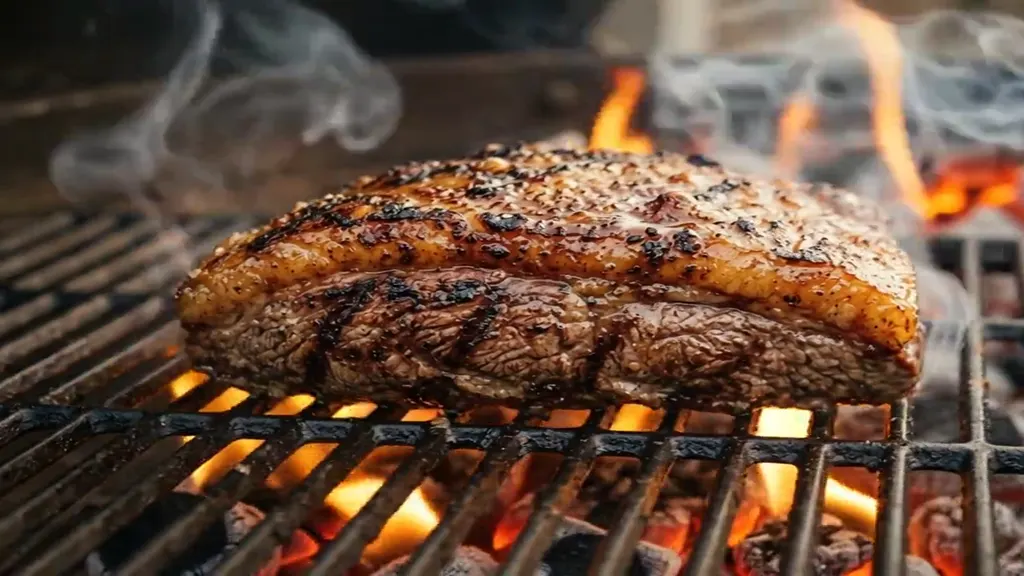 Carne grelhando na brasa com labaredas